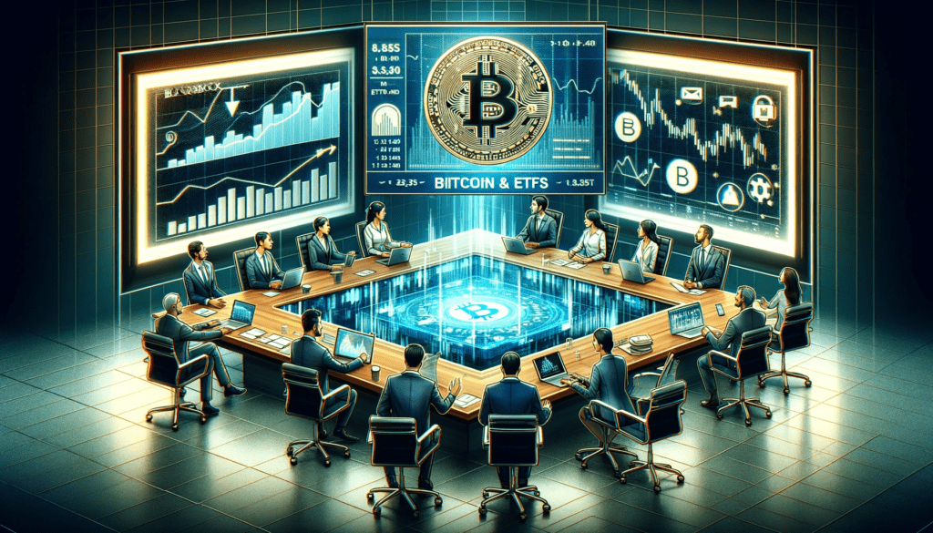 DALL·E 2023 12 30 23.14.49 An image representing a news article about Bitcoin ETFs with BlackRock VanEck and Valkyrie making final submissions. Visualize a modern digital the