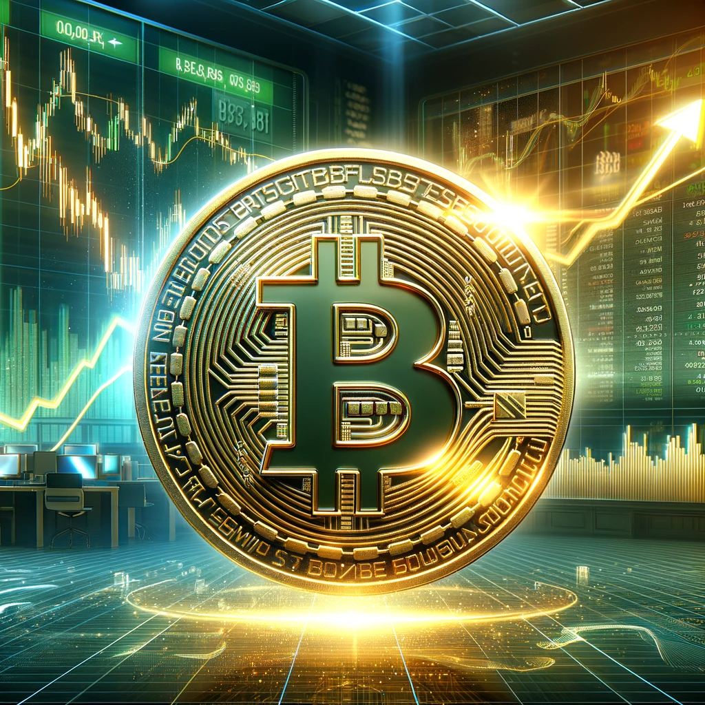 DALL·E 2024 01 13 16.09.29 An image for a news article titled Strong Start for Bitcoin ETFs BTC Approaches the 50000 Mark. The image should depict a dynamic and positive fi