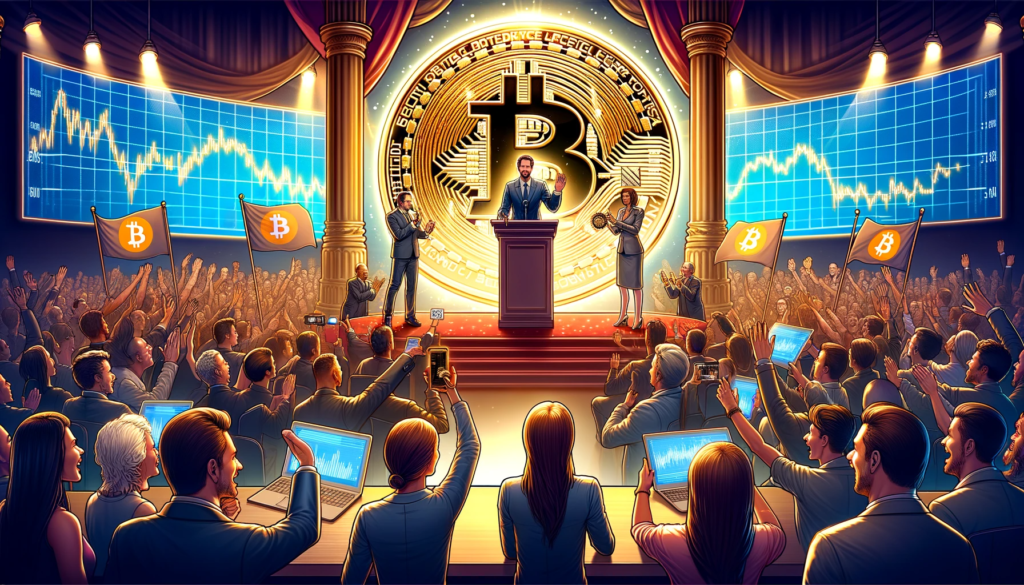 DALL·E 2024 01 13 18.08.00 An engaging and insightful illustration for a news article headline Bitcoin BTC is Now a Public Good President of ARK Invest. The image visua